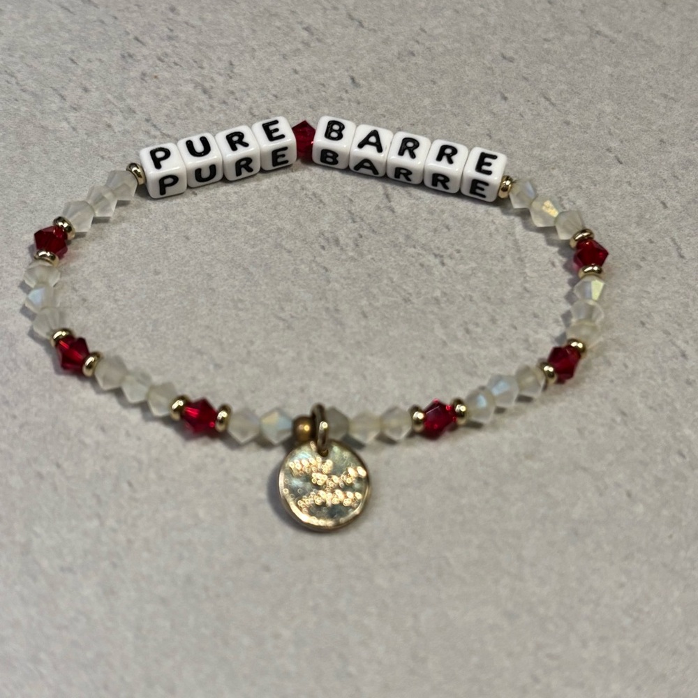 Pure Barre Little Words Project Red and White Beaded Bracelet with Gold Charm